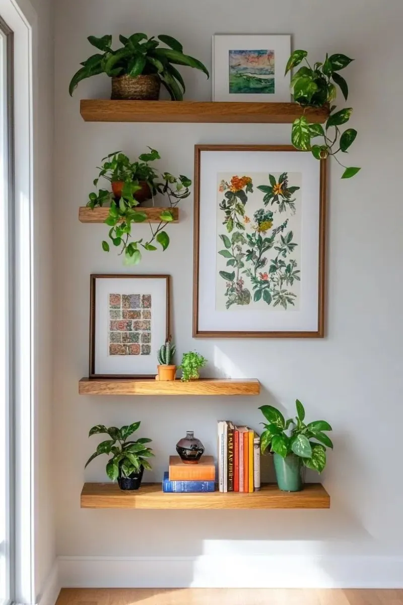 shelf decor ideas plants paintings