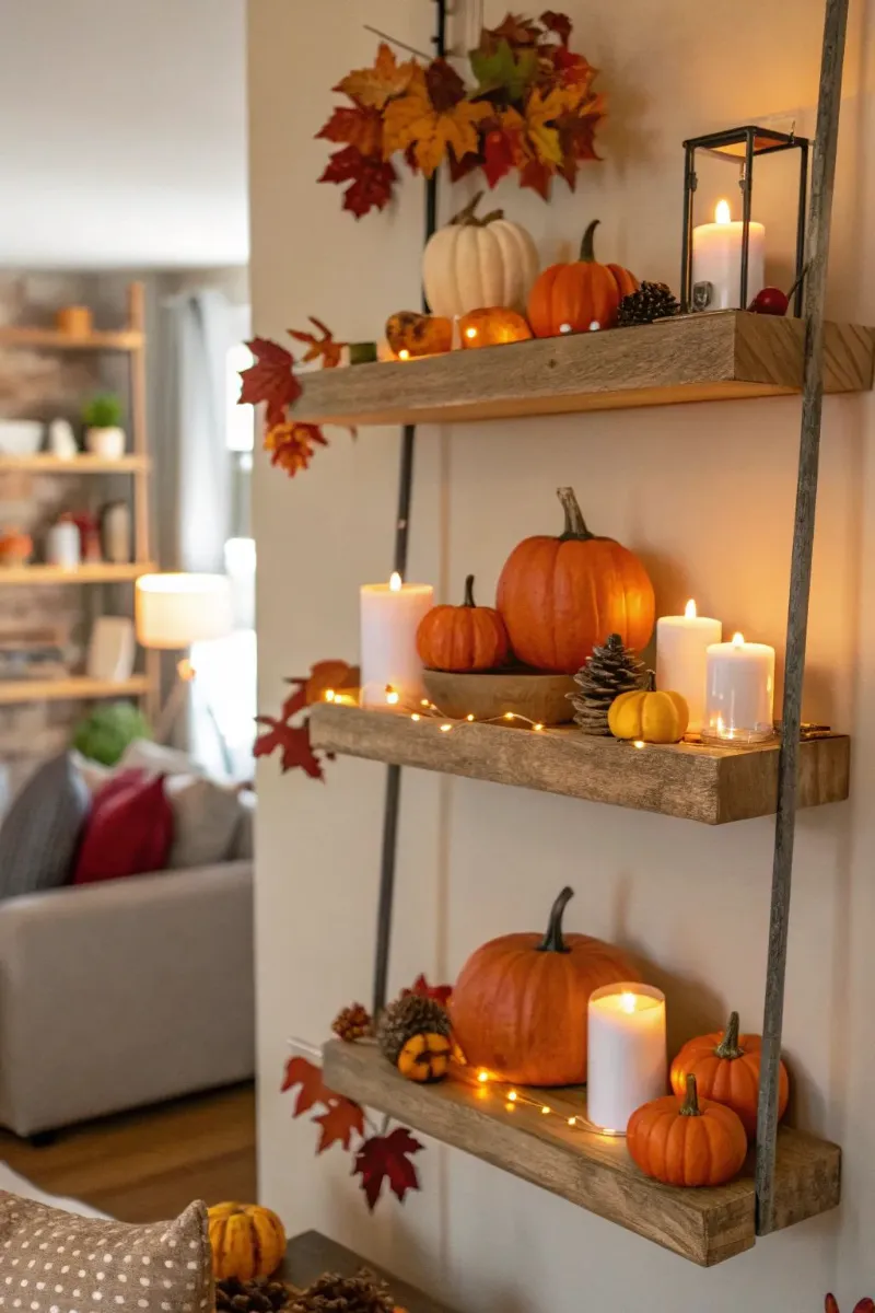 shelf decor ideas seasonal pumpkins candles