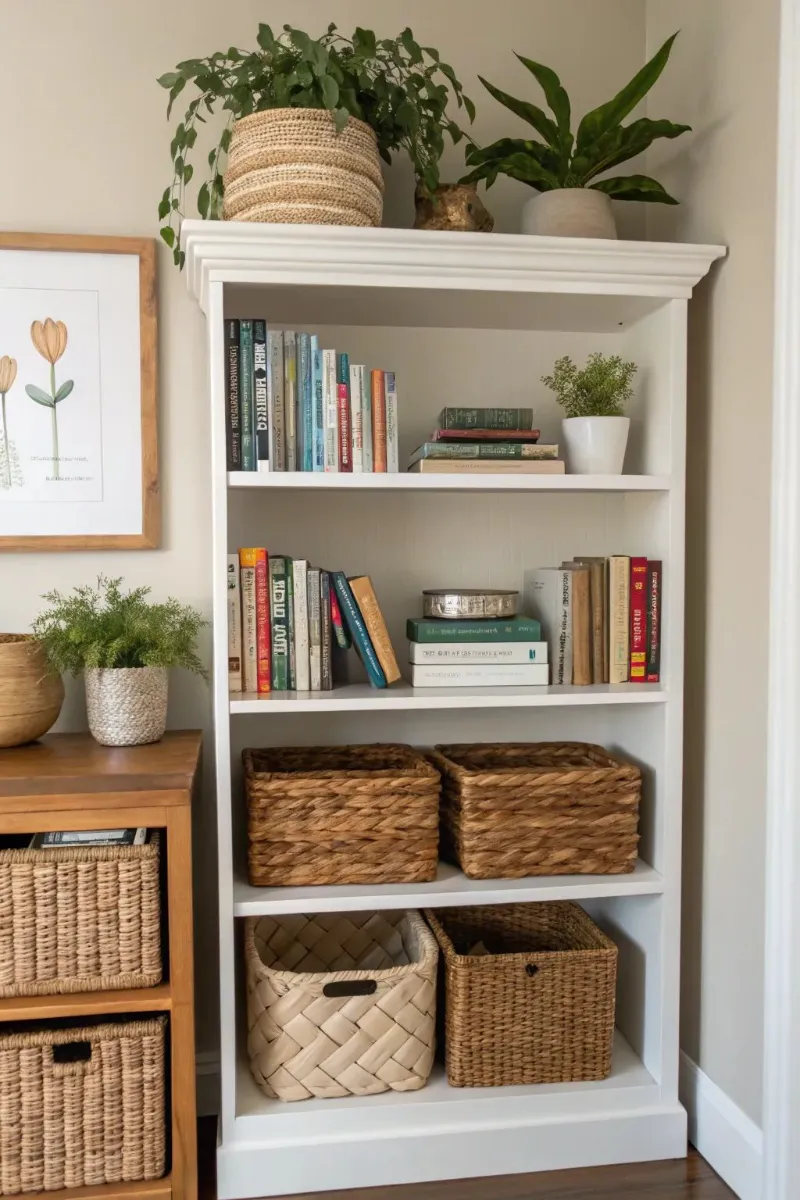 shelf decor ideas storage baskets