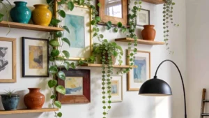 floating shelves with colorful decor