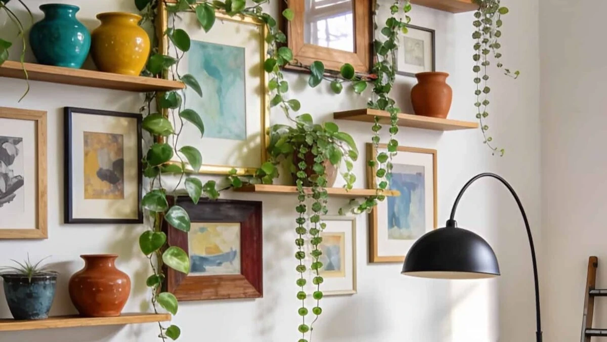 floating shelves with colorful decor