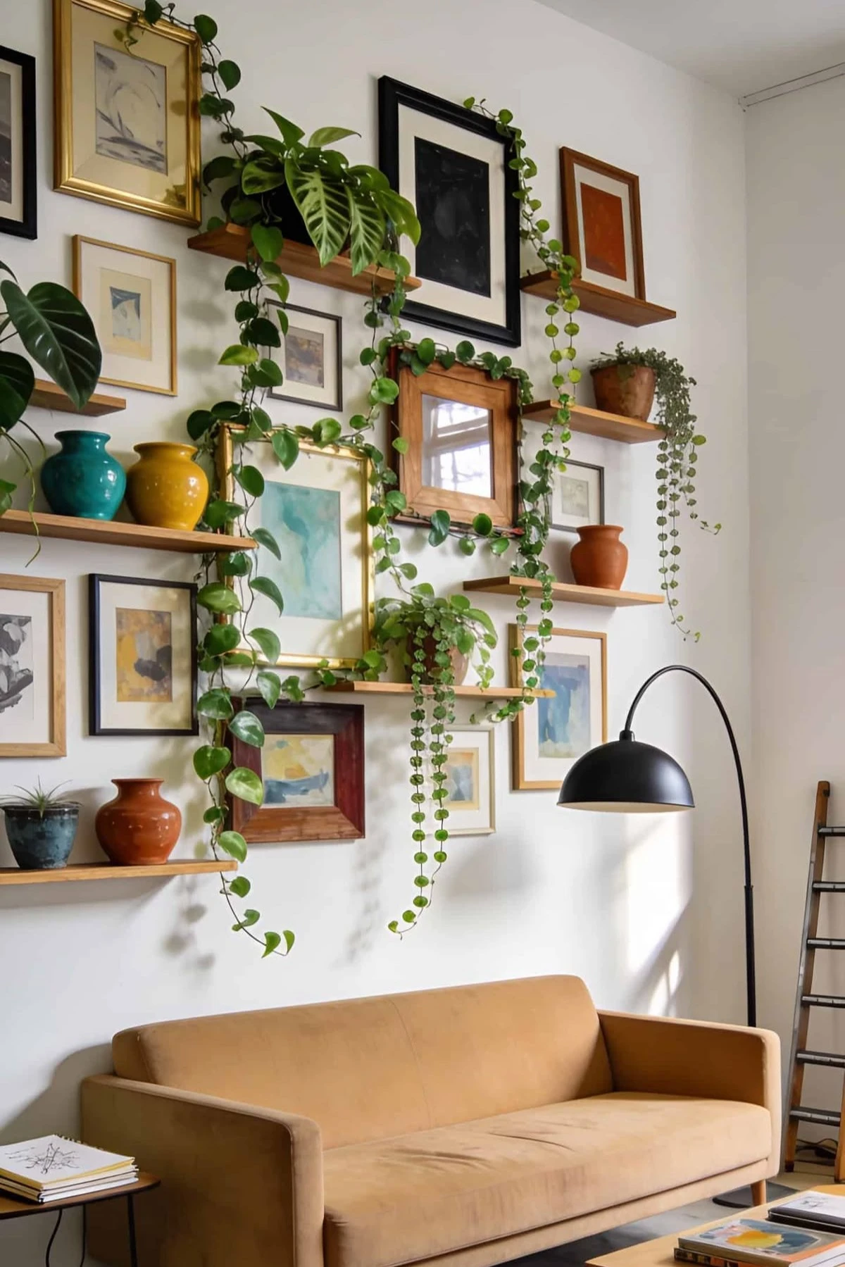 floating shelves with colorful decor