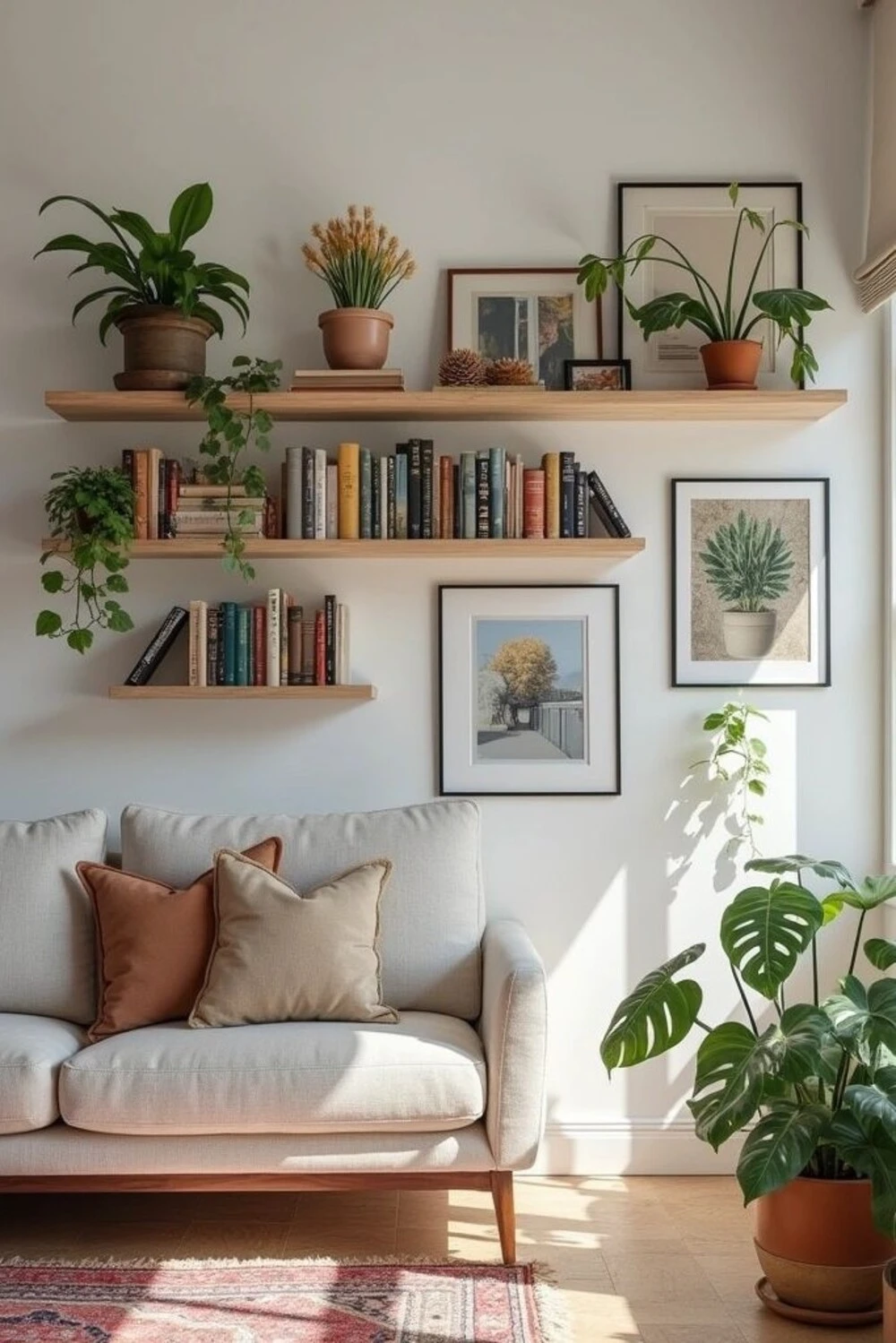 floating shelves in living room with many books