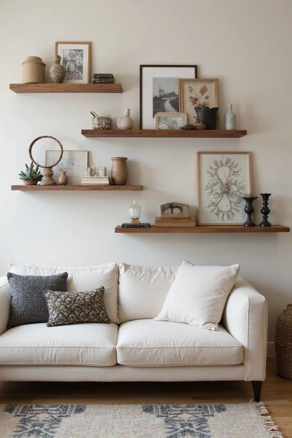 floating shelves in living room with figures and photos