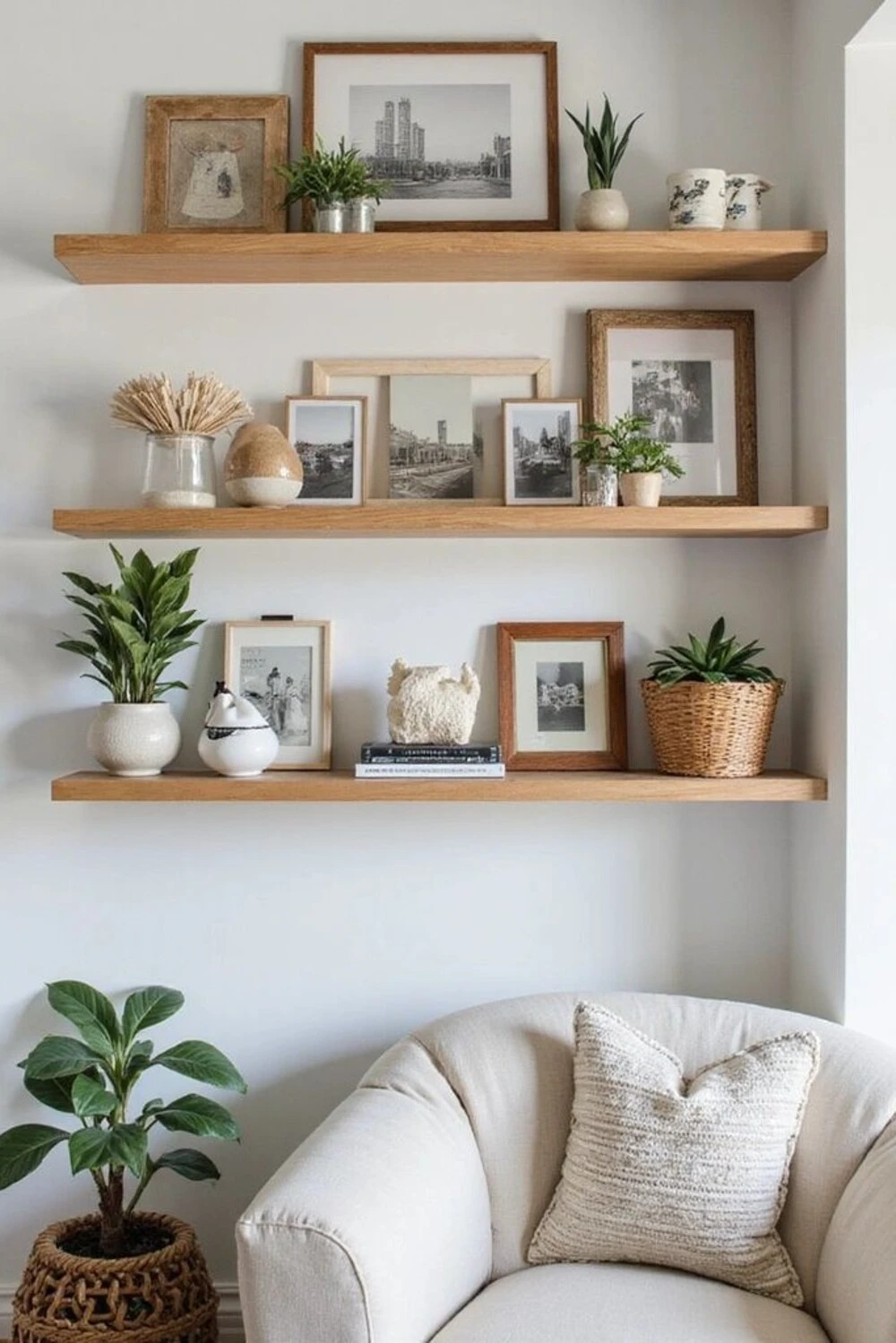 floating shelves near sofa
