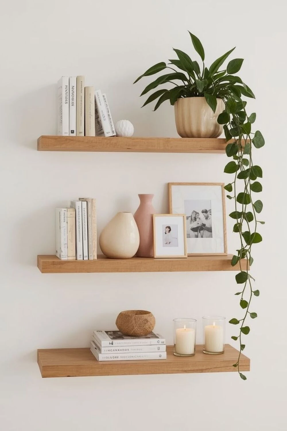 floating shelves with logical arrangement