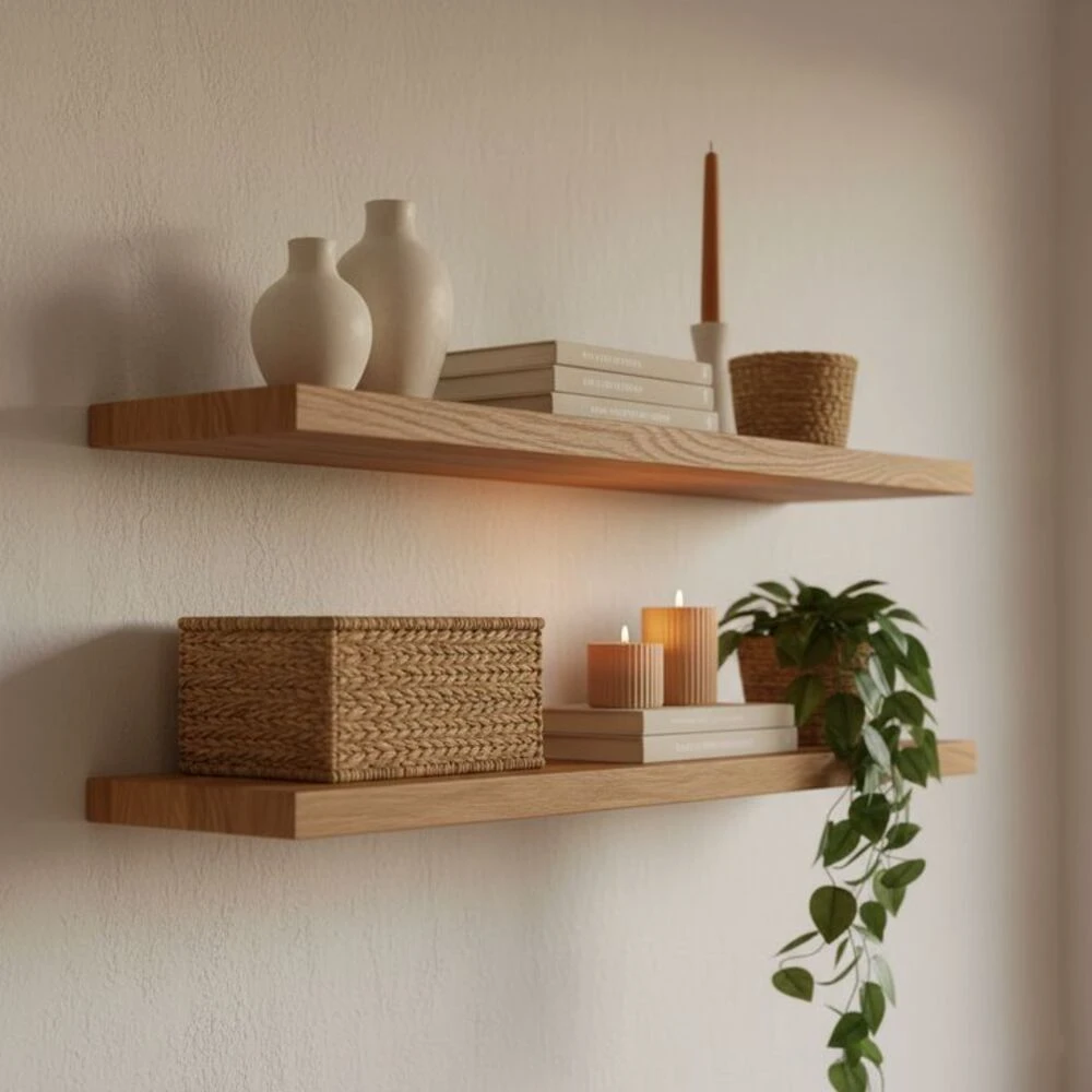 floating shelves with a storage basket