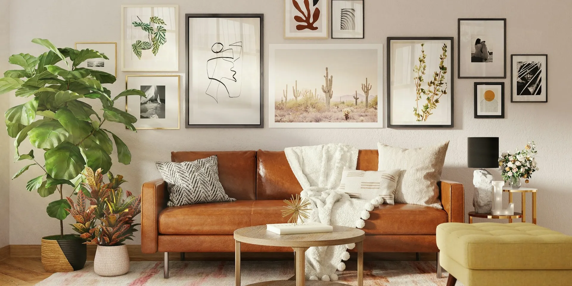 a living room in cozy vibe with plants, blanket, and cushions