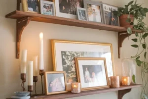 floating shelf ideas with photos, candles and plants