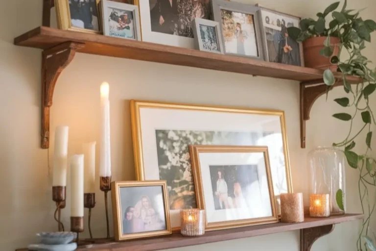 floating shelf ideas with photos, candles and plants