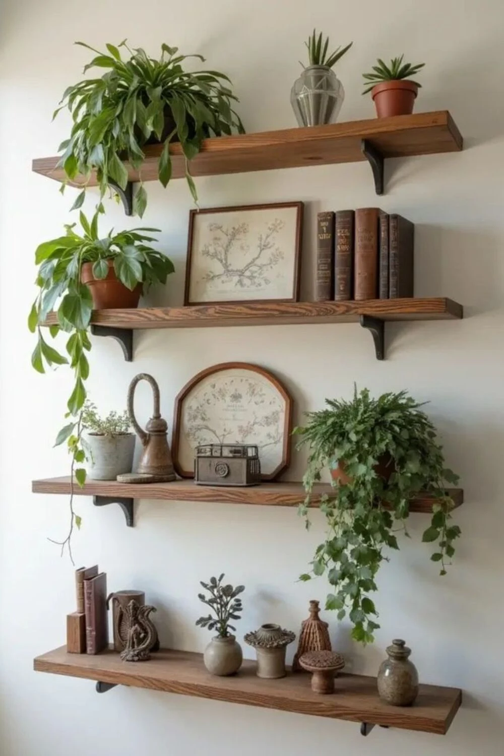 vintage floating shelves with figures, plants and books