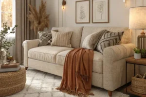 beige living room decorating ideas with blanket and texture
