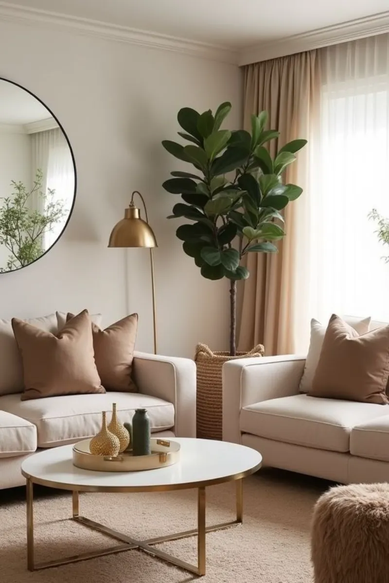 beige living room decorating ideas with brass floor lamp and mirror
