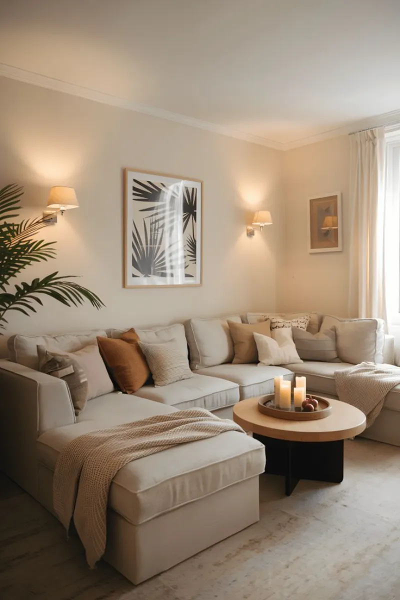 beige living room decorating ideas with warm-white bulbs
