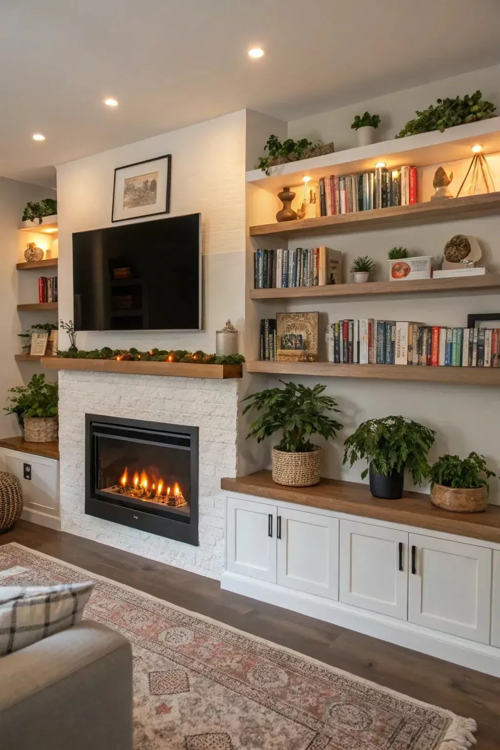 decorative wall ideas for living room with built-in shelves