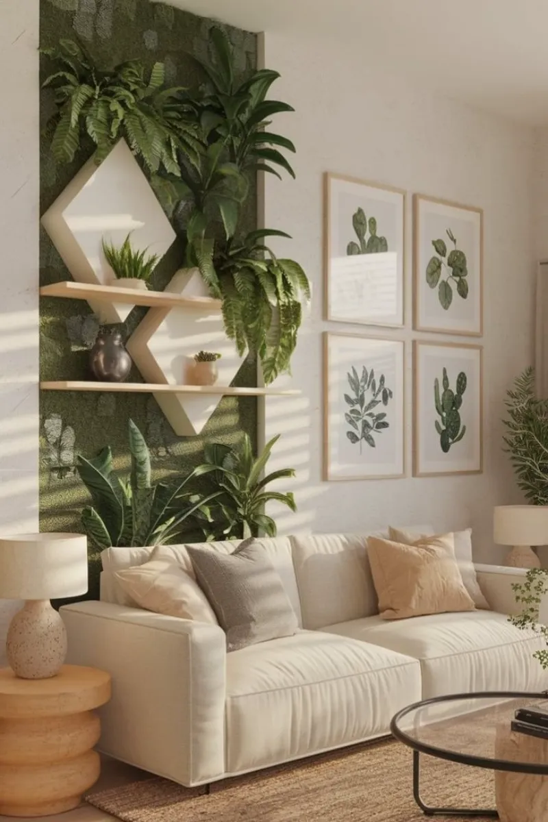 decorative wall ideas for living room with faux plants