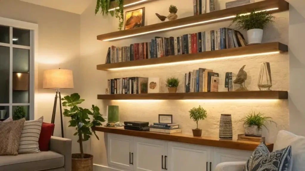 a living room shelf with built-in lights