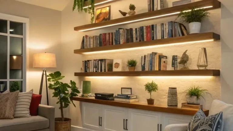 a living room shelf with built-in lights