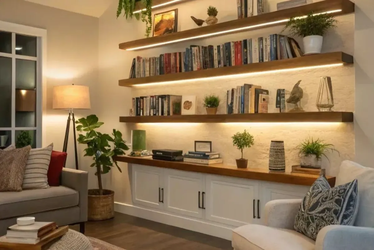 a living room shelf with built-in lights