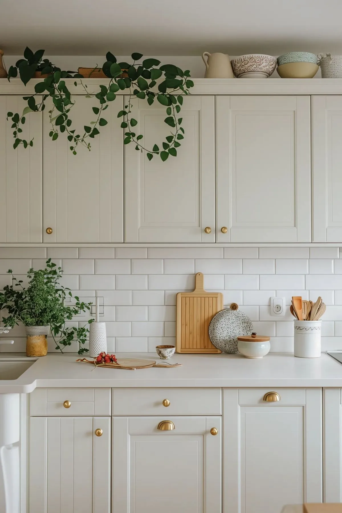 10 Decorating Ideas for Above Kitchen Cabinets to Transform Your Kitchen 11 a kitchen with consistent color palette in white and brass
