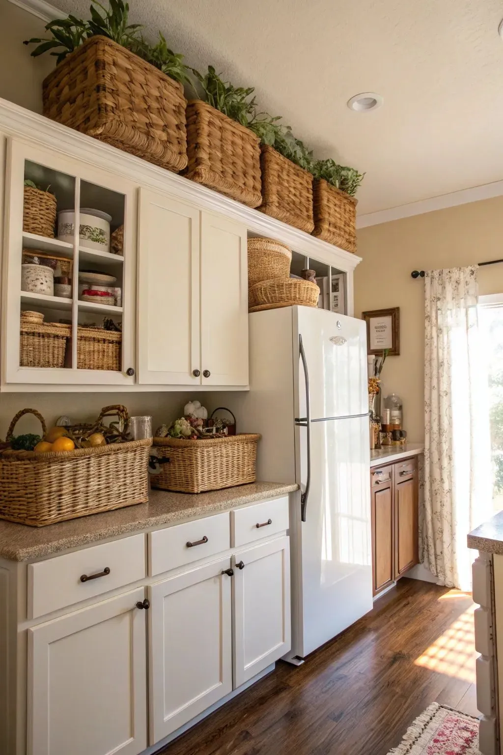 10 Decorating Ideas for Above Kitchen Cabinets to Transform Your Kitchen 3 a kitchen with decorative baskets above cabinets