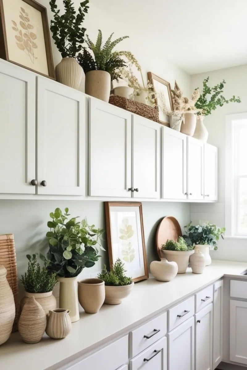 10 Decorating Ideas for Above Kitchen Cabinets to Transform Your Kitchen 5 a kitchen with decorative vases above cabinets