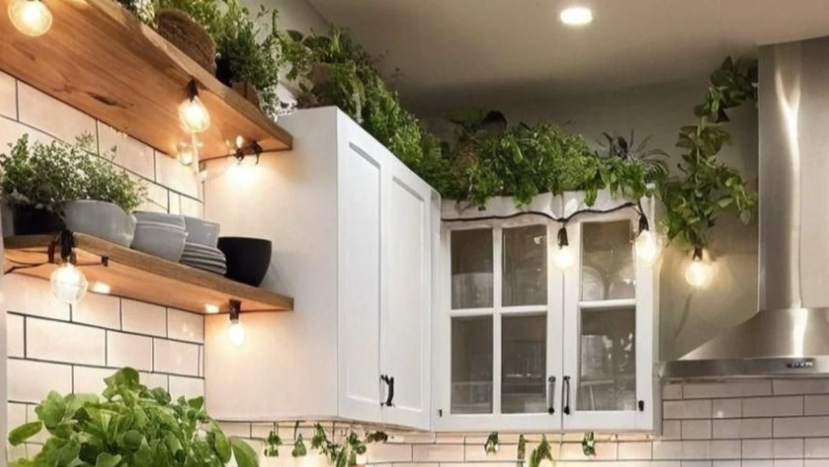 10 Decorating Ideas for Above Kitchen Cabinets to Transform Your Kitchen 24 a kitchen decorated with green plants and lights above cabinets