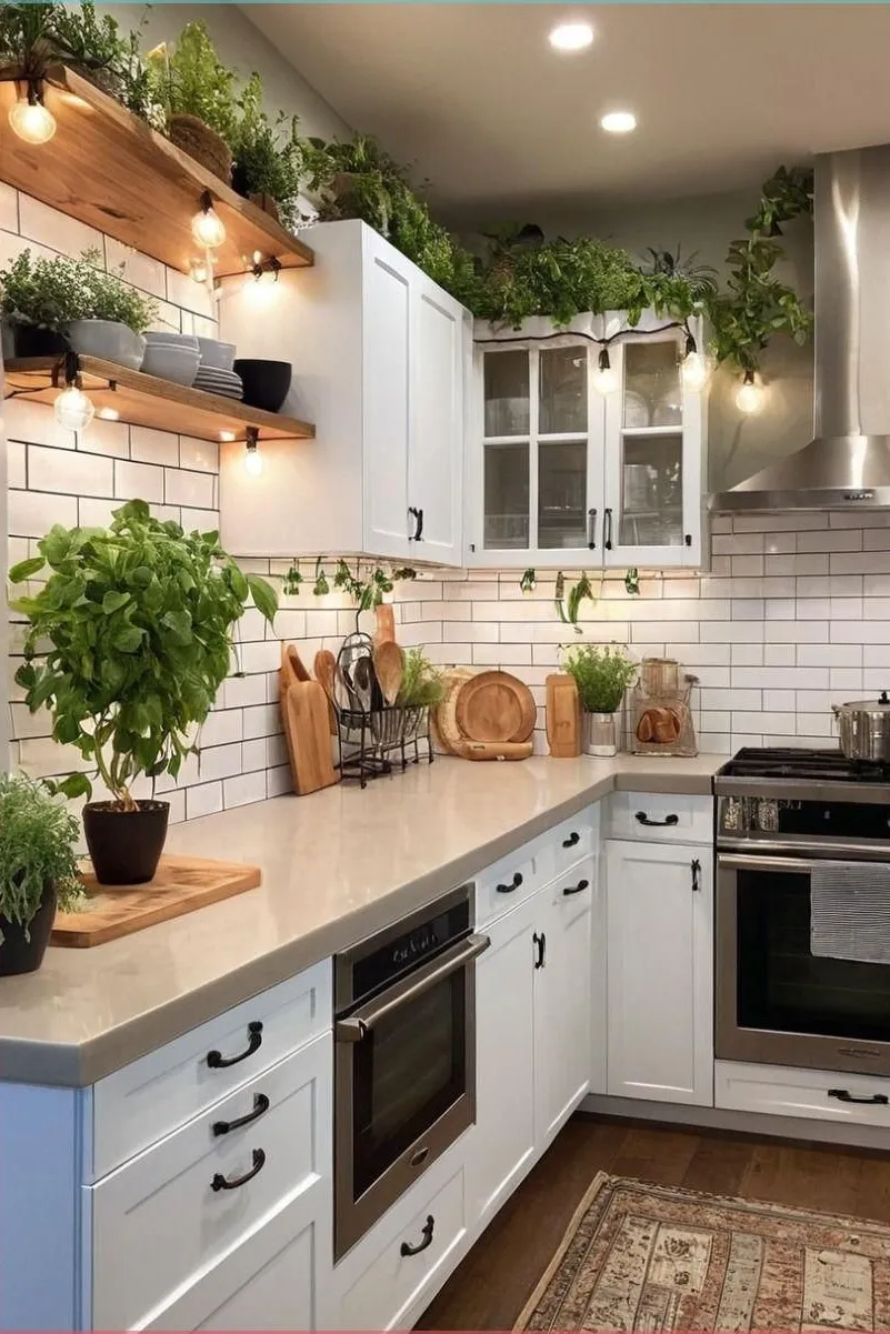 10 Decorating Ideas for Above Kitchen Cabinets to Transform Your Kitchen 2 a kitchen with potted plants and green vines above cabinets