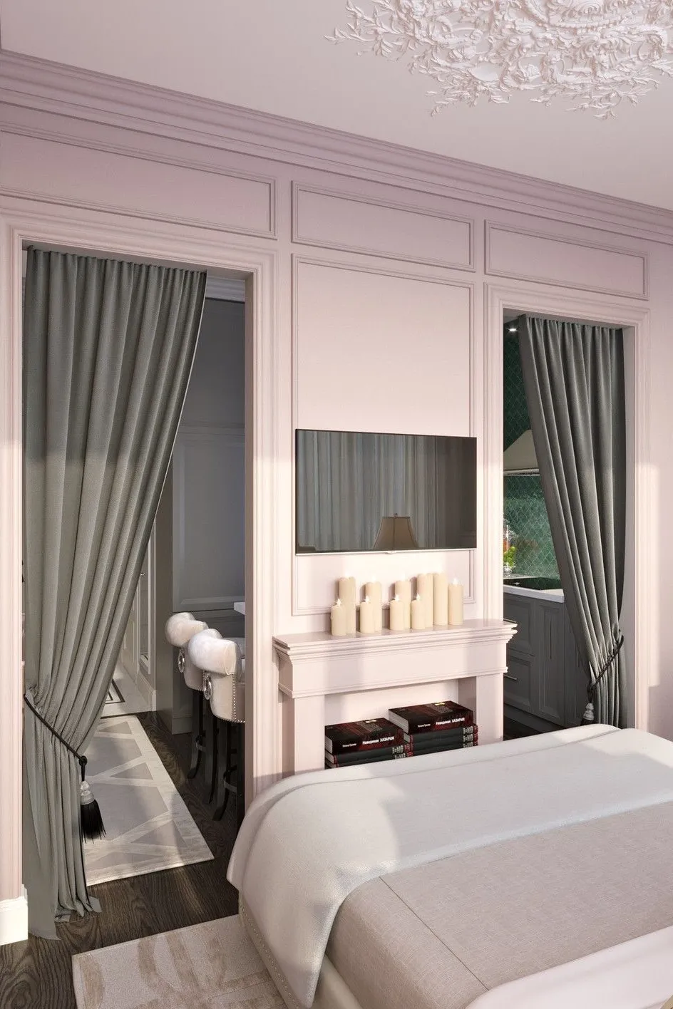 a hidden door behind curtains