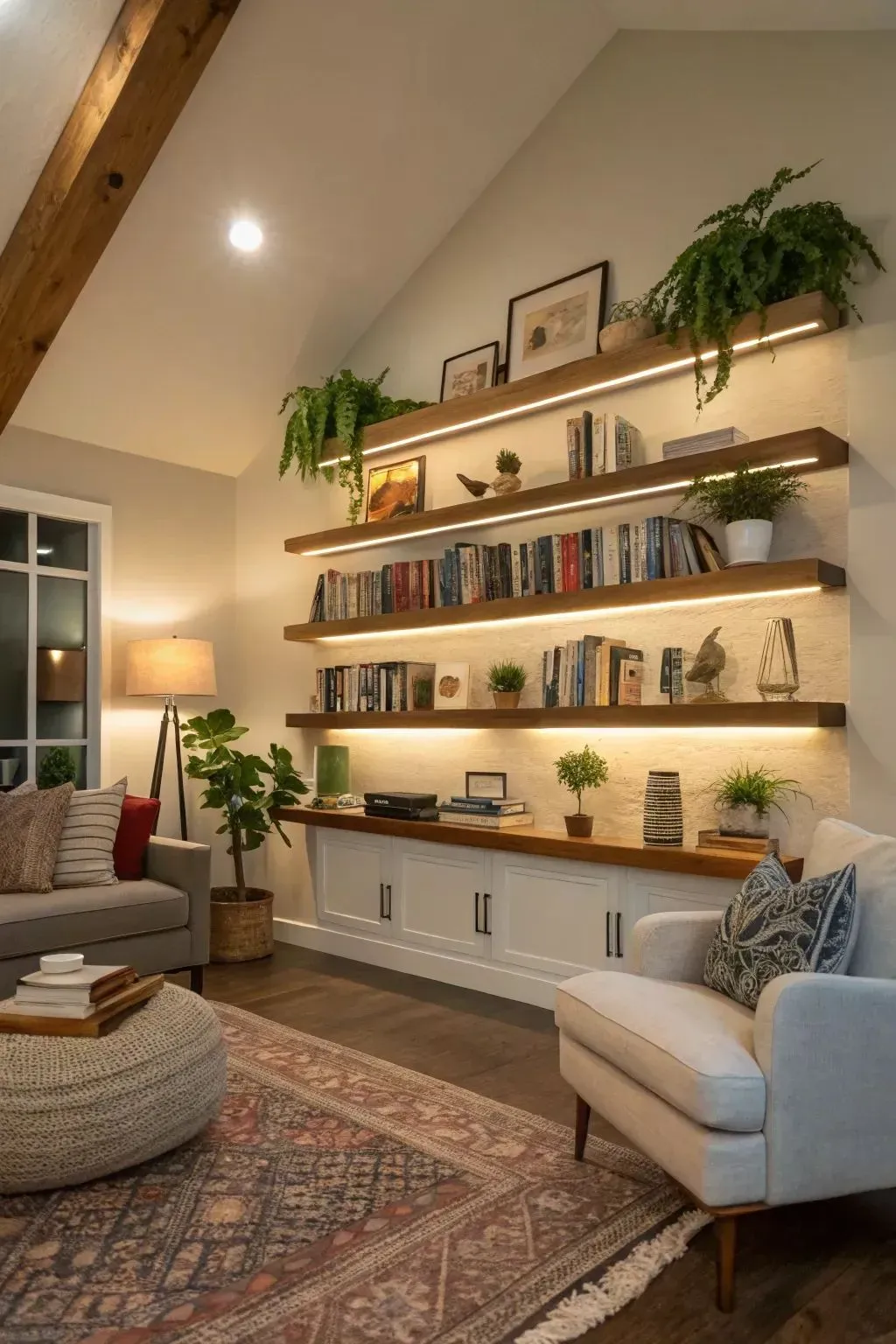 a living room built-in shelves with lights