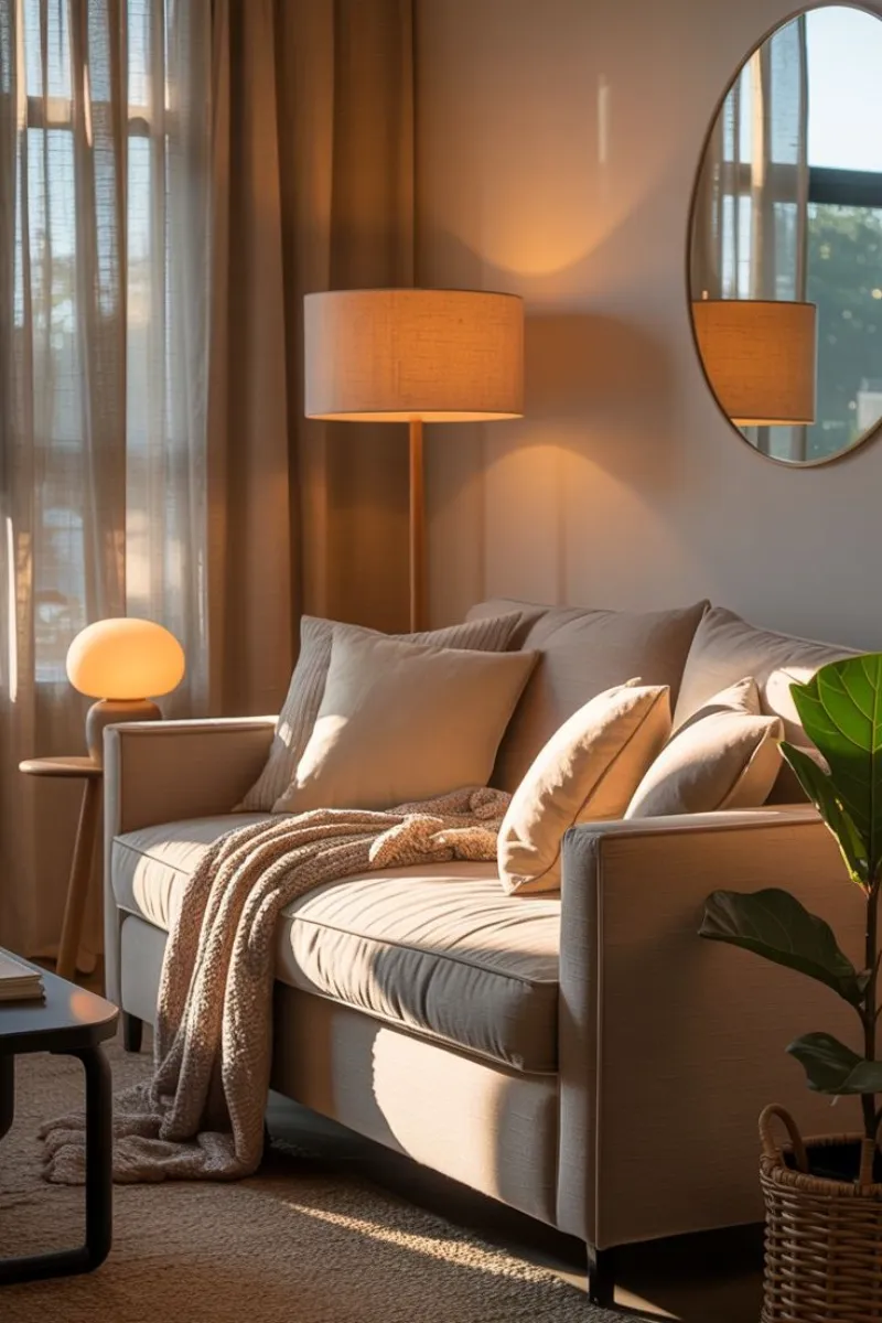 a living room with lighting and a mirror