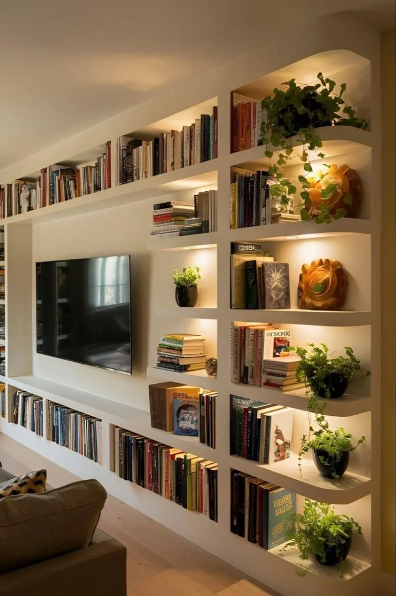 a living room with multi-functional shelf lights
