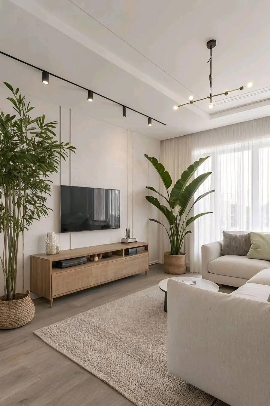 a living room with natural lights and sheer curtains