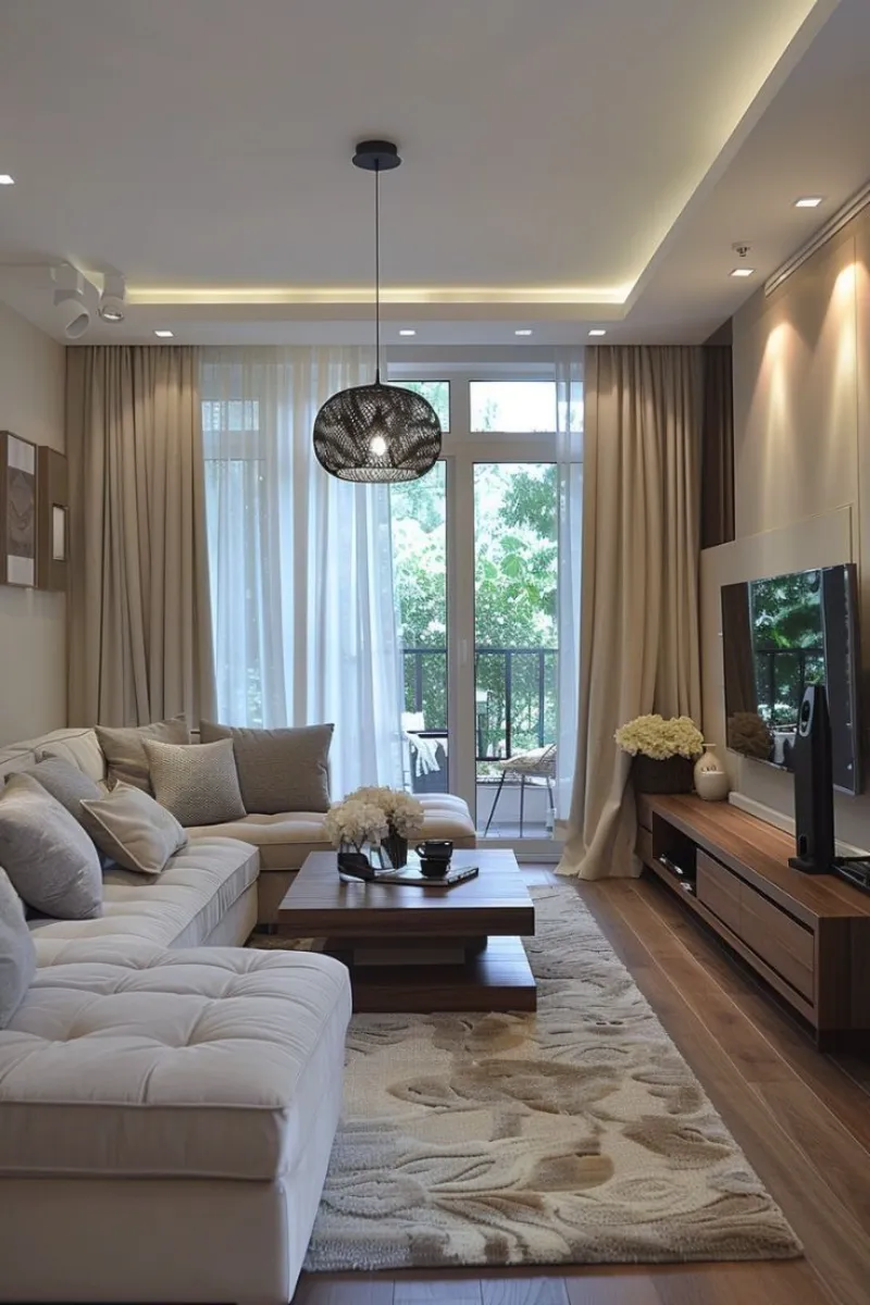 a living room with recessed lights