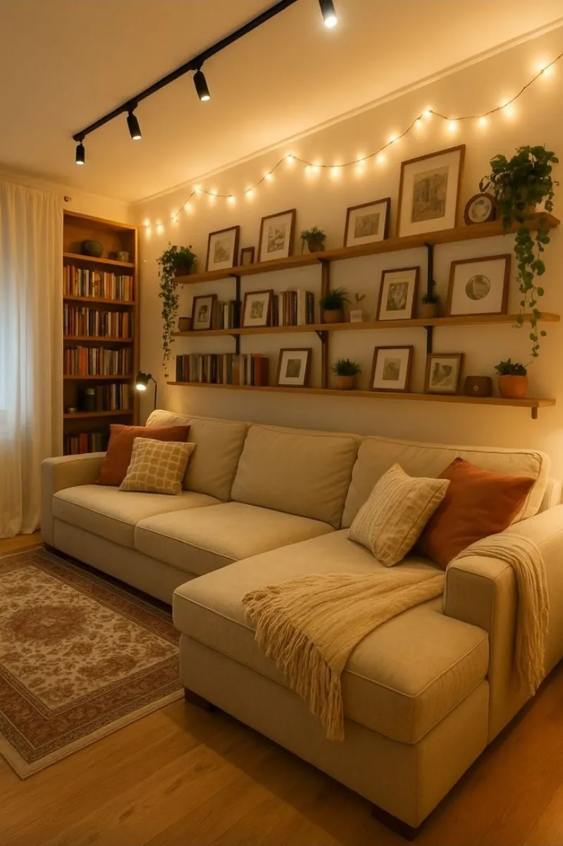 a living room with string lights