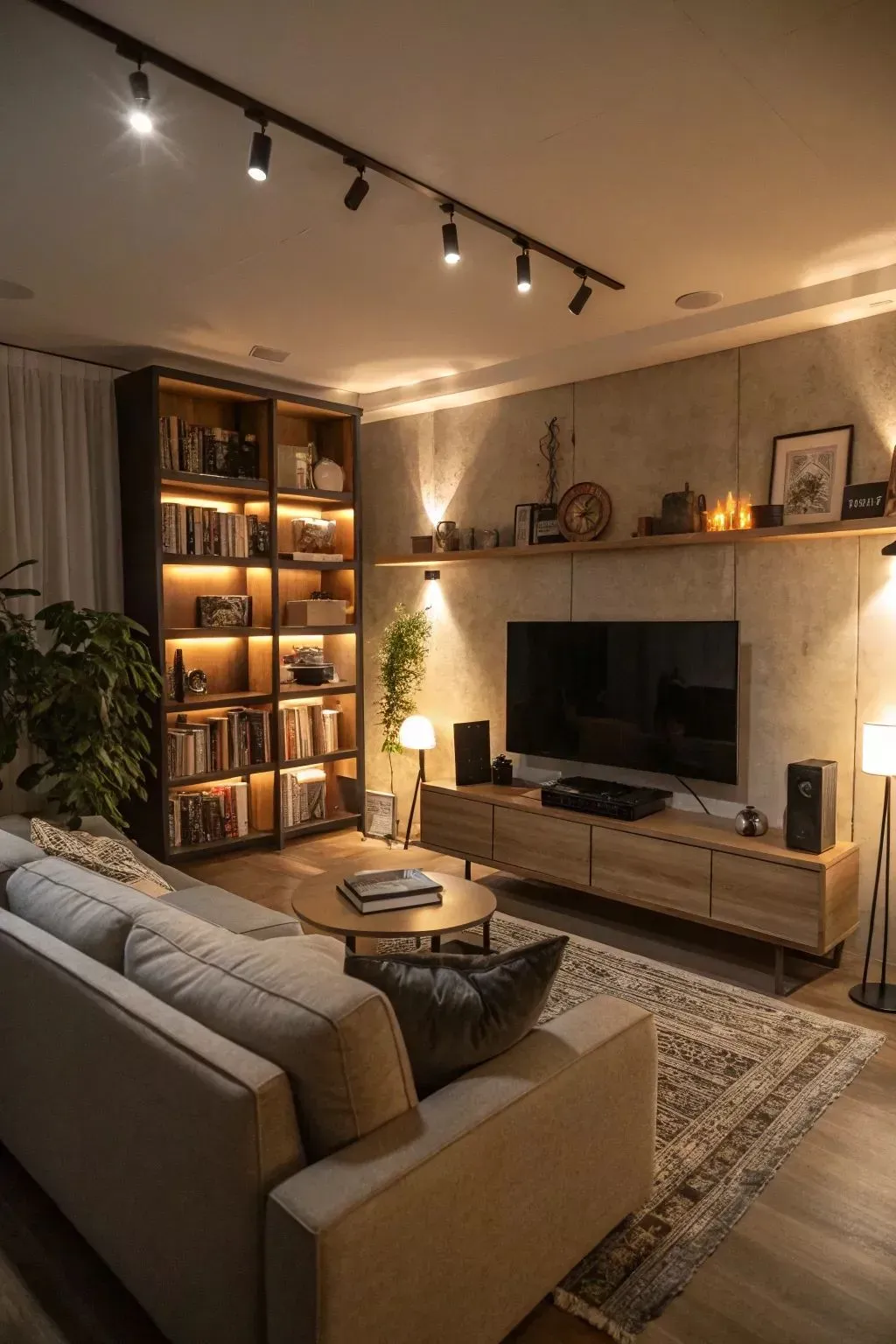 a living room with wall-mounted lights