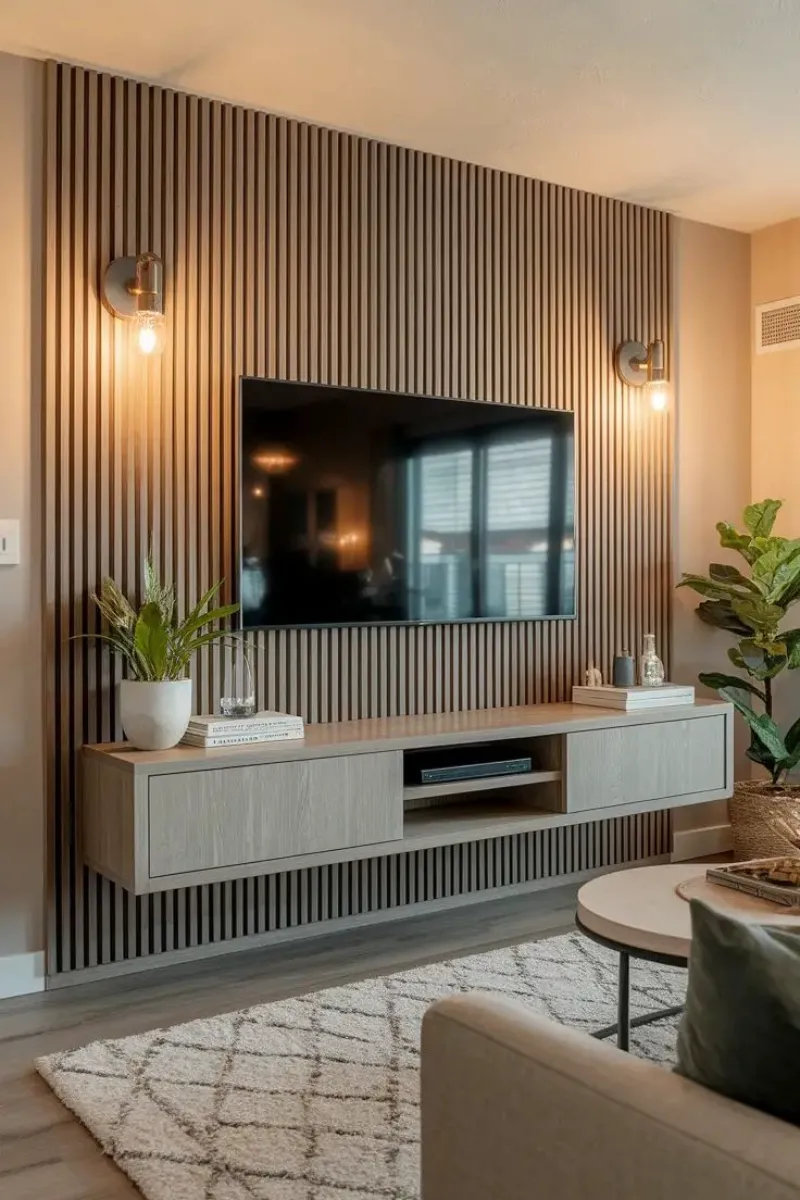 a living room tv on a feature wall built with wall panels