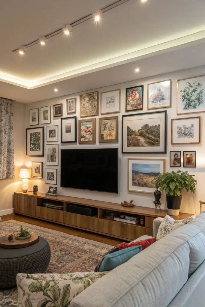 a living room tv on a wall full with photos