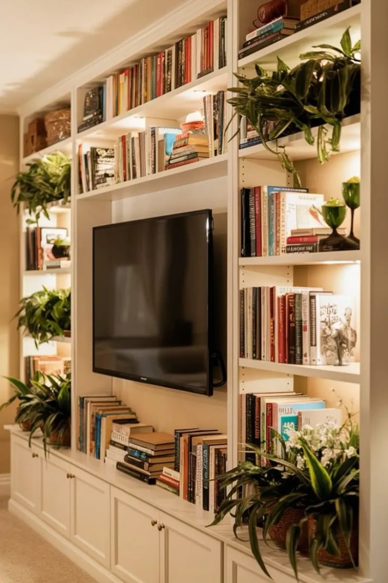 a living room tv wall with built-in shelves and cabinets