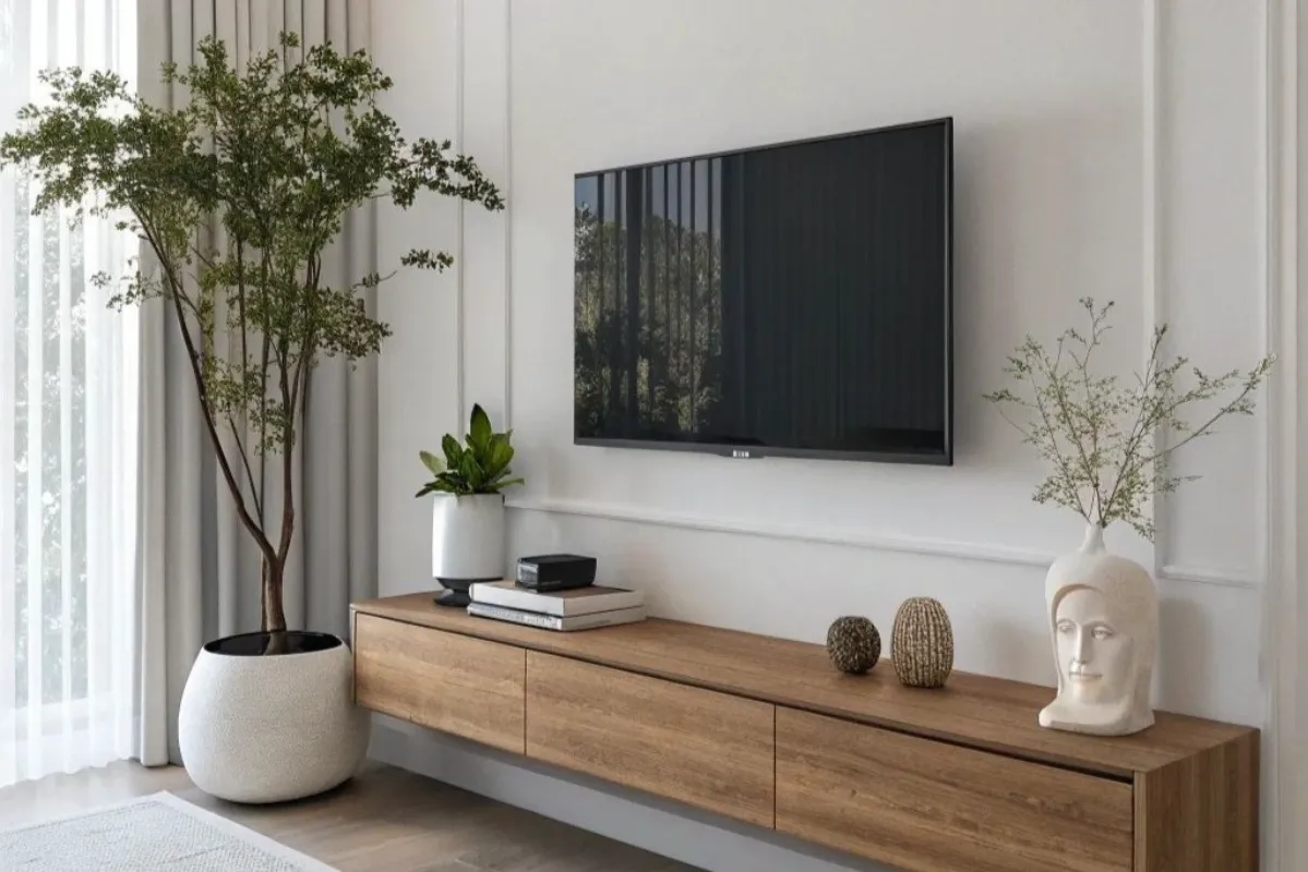 a living room tv wall with floating cabinet