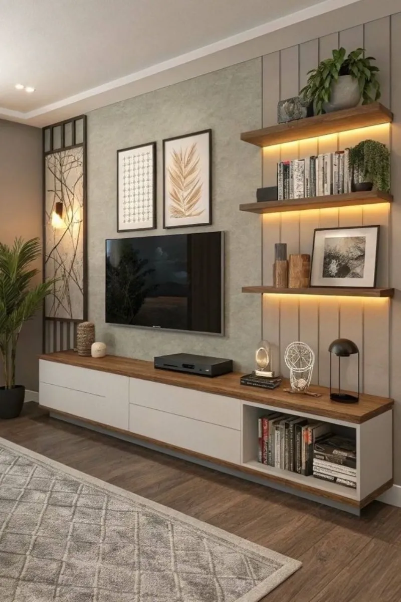 a minimalist living room tv wall with floating shelves