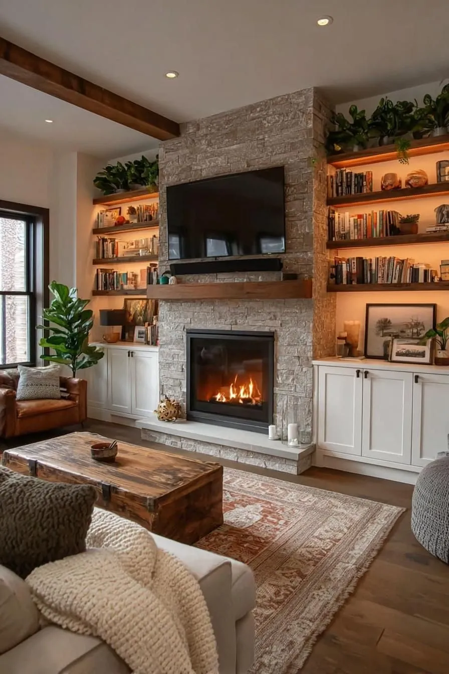a living room tv wall with firepit and shelves