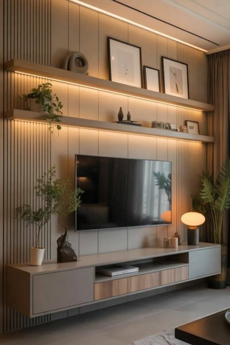 a living room tv wall with led lights