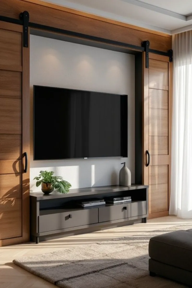 a living room tv wall with sliding doors