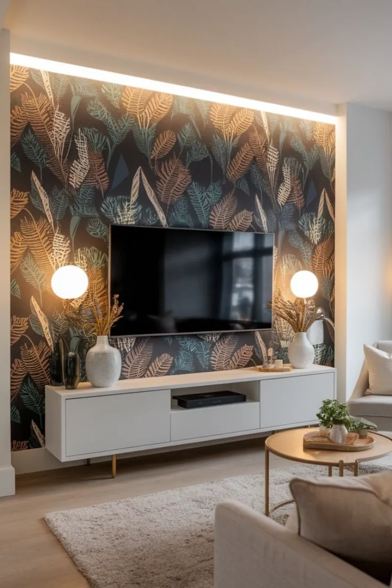a living room tv wall with plant wallpaper