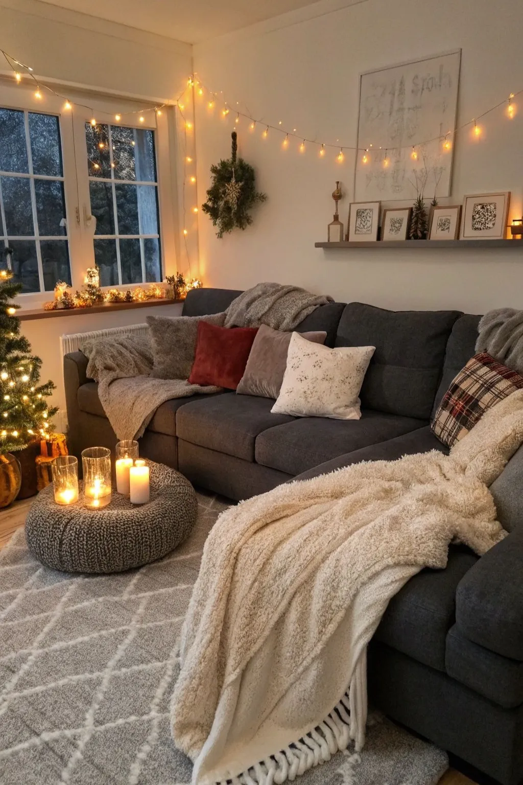 a living room with grey sofa, blanket , and string lights
