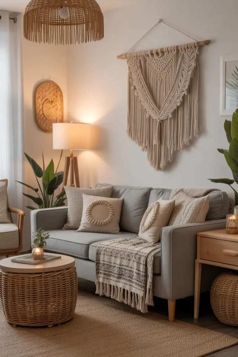 a living room in boho style with grey sofa, woven rug and table