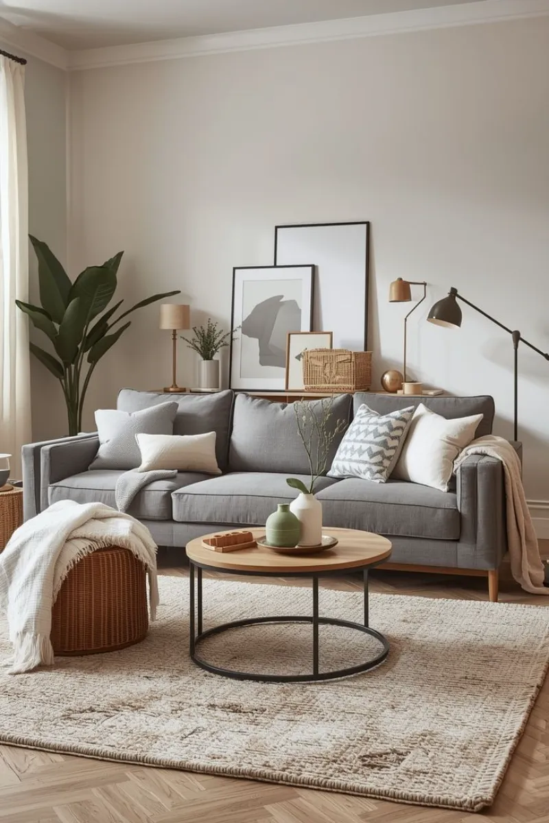a living room with grey sofa and brass lamp