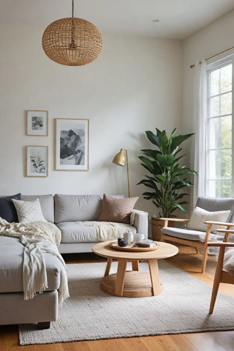 a living room with grey sofa, grey rug, and brass lamp