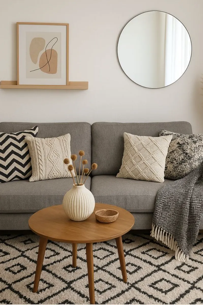 a living room in minimalist with grey sofa and light wood furnitures